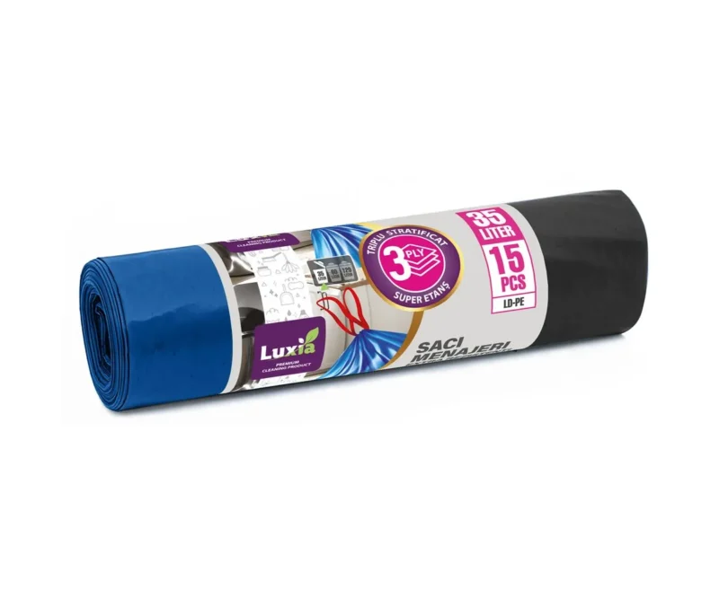 saci menajeri cu snur luxia 35 litri 15 buc/rola ldpe albastri,triplu strat